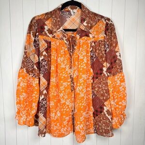 Cato Floral Patchwork Button Blouse Top Sheer Tunic Boho Peasant Western Chic M